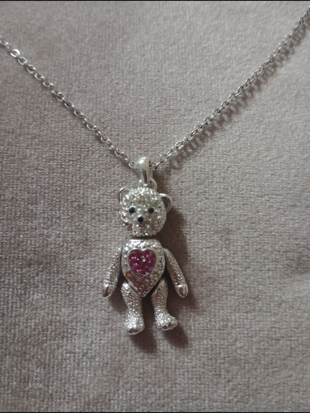 Teddy Bear Pendant Necklace with Pink Heart Accents